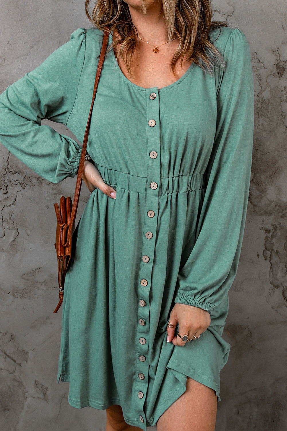 Black Button Up High Waist Long Sleeve Dress