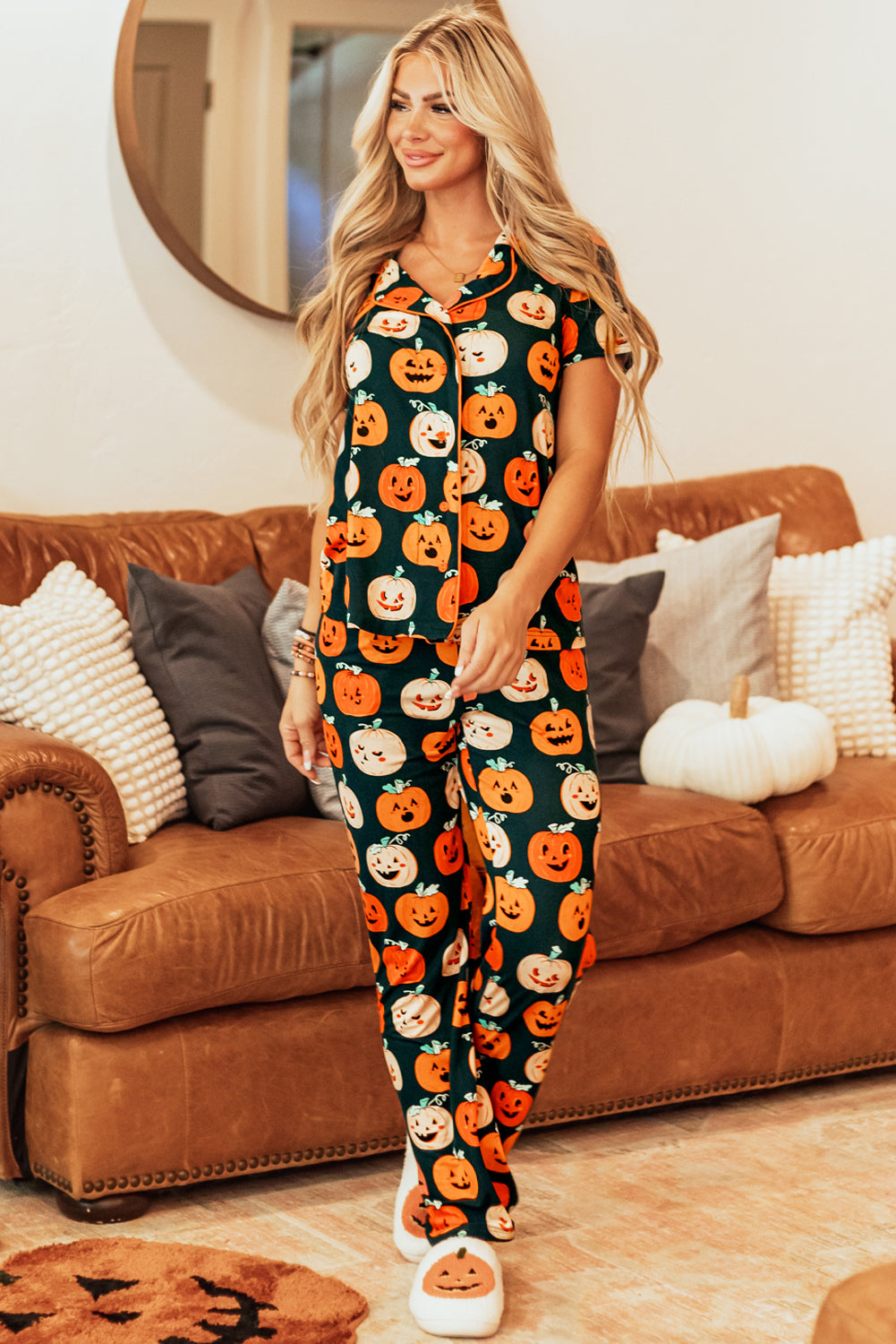 Black Halloween Pattern Short Sleeve Shirt Pajama Set