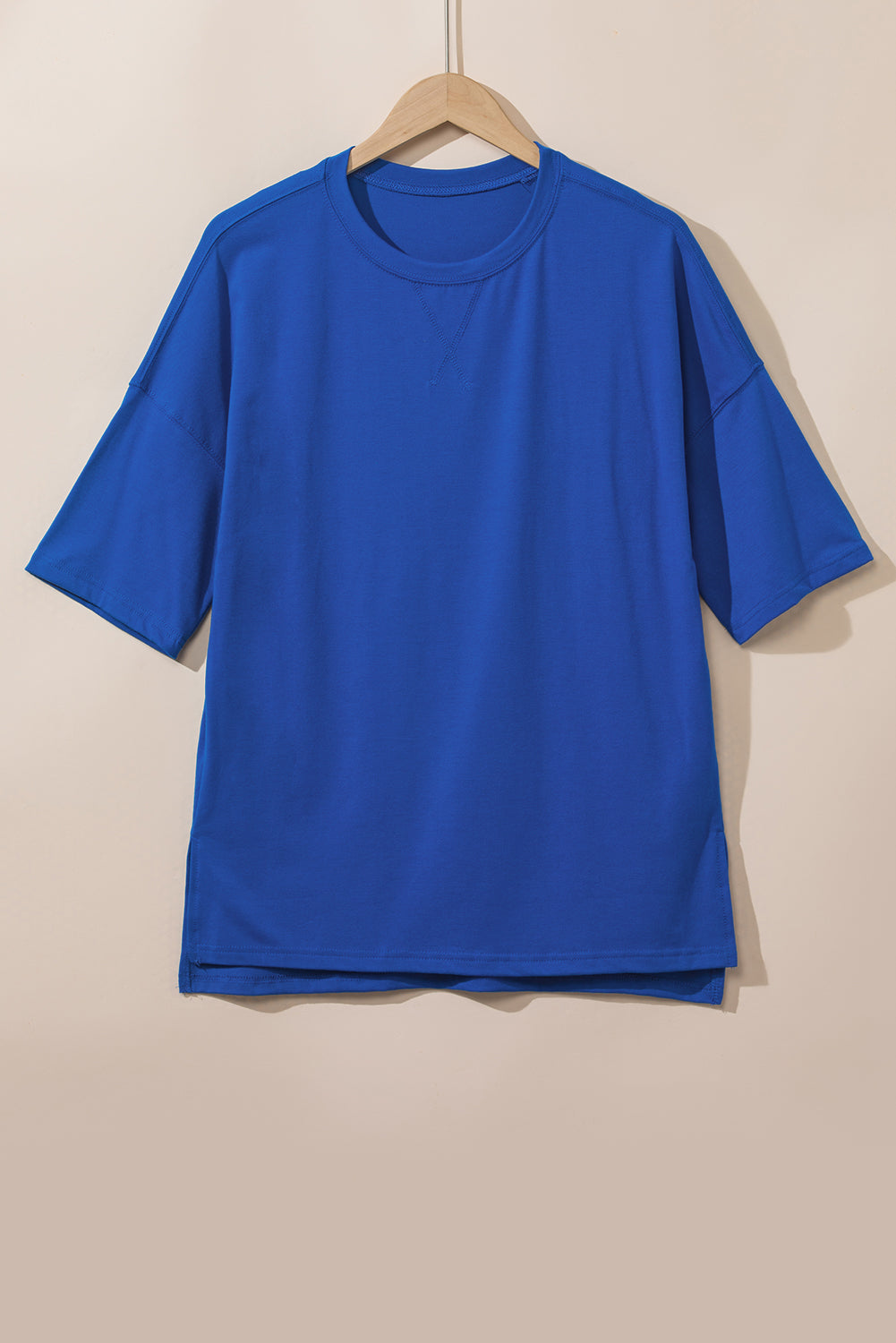 Dark Blue Longline Short Sleeve Side Slit Drop Shoulder Top