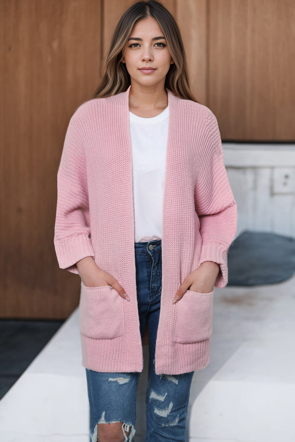 Apricot Oversized Fold Over Sleeve Open Front Cardigan