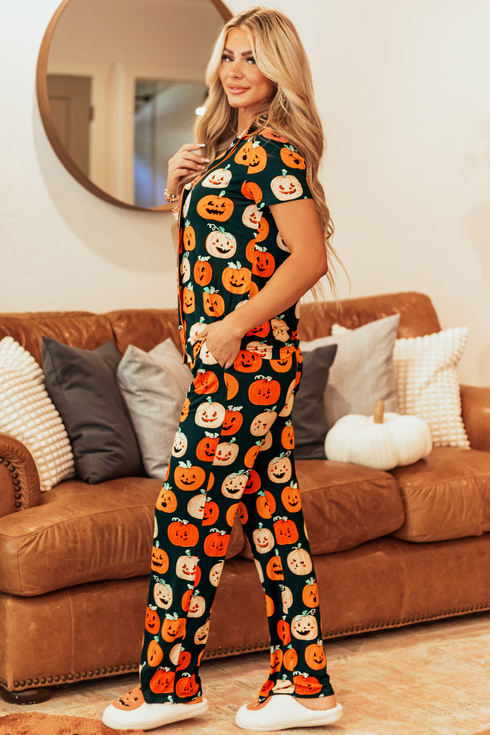 Black Halloween Pattern Short Sleeve Shirt Pajama Set