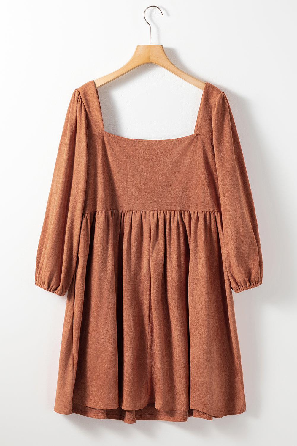 Chestnut Plus Size Suede Square Neck Balloon Sleeve Dress