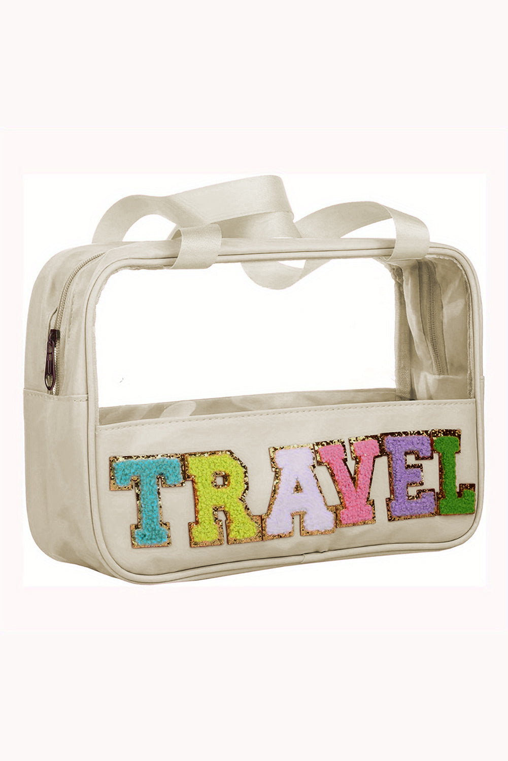 Light Pink TRAVEL Chenille Letter Clear PVC Makeup Bag