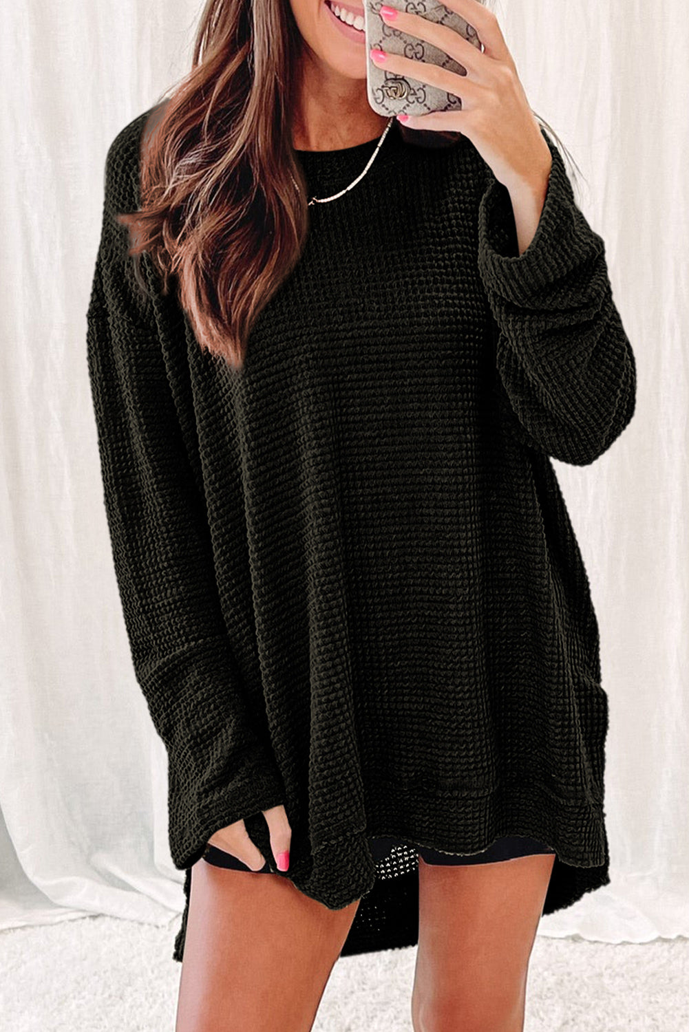 Gray Waffle Knit High Slits Oversized Top