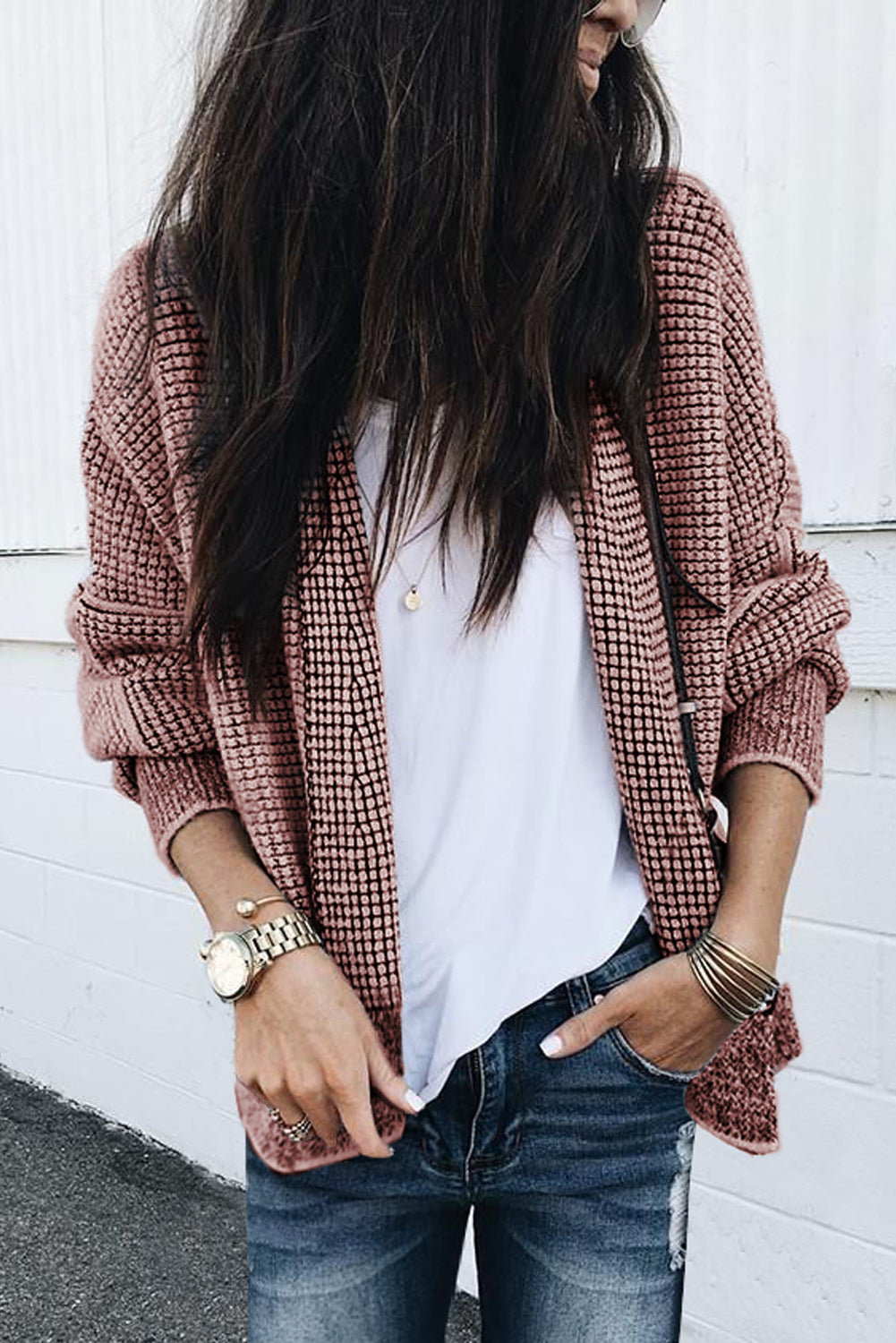 Grey Plaid Contrast Trim Open Front Cardigan