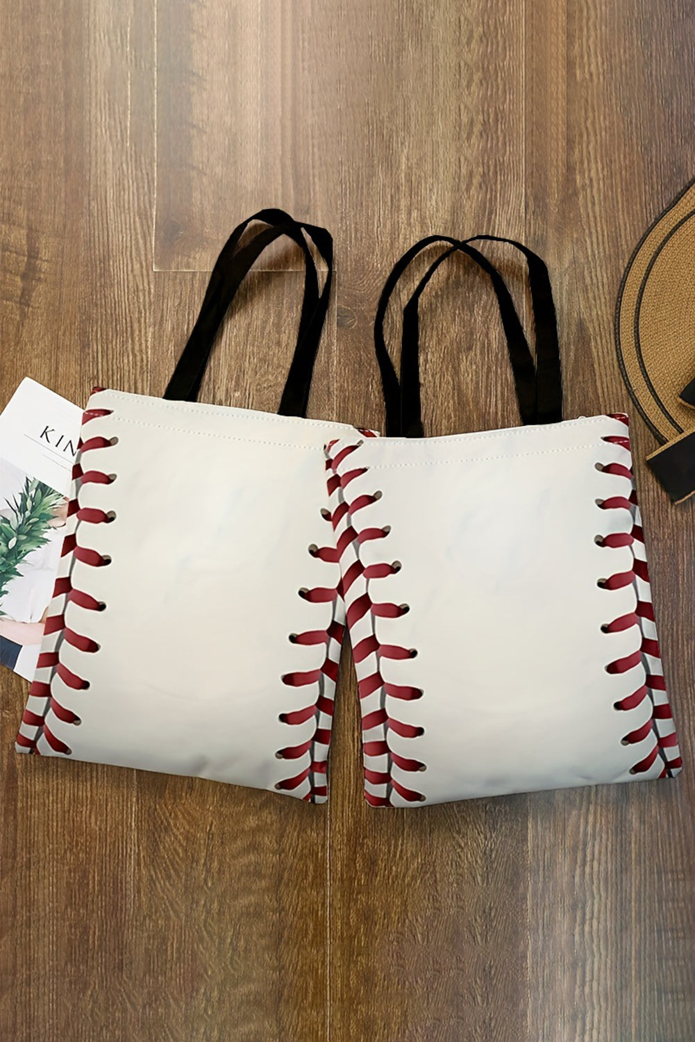 White Baseball Print Canvas Tote Bag