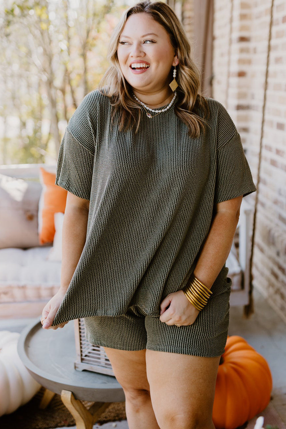 Moss Green Plus Size Rib Knit Short Sleeve Top and Shorts 2pcs Outfit