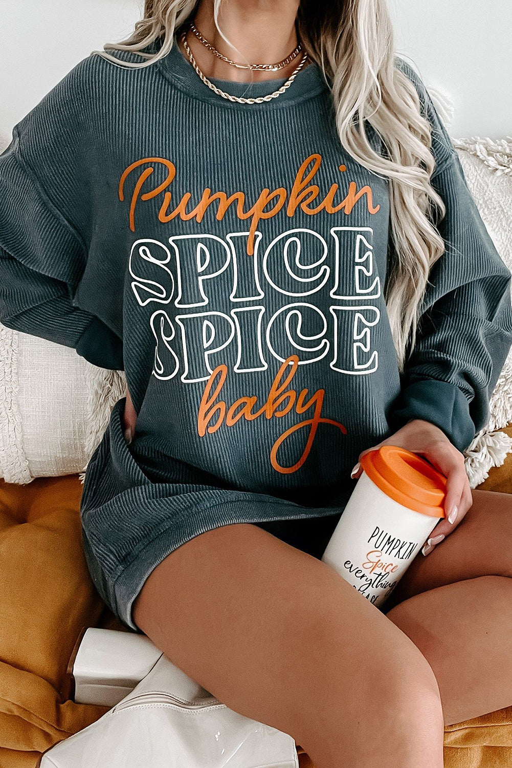 Dark Grey Halloween Pumpkin Spice Baby Graphic Textured Sweatshirt