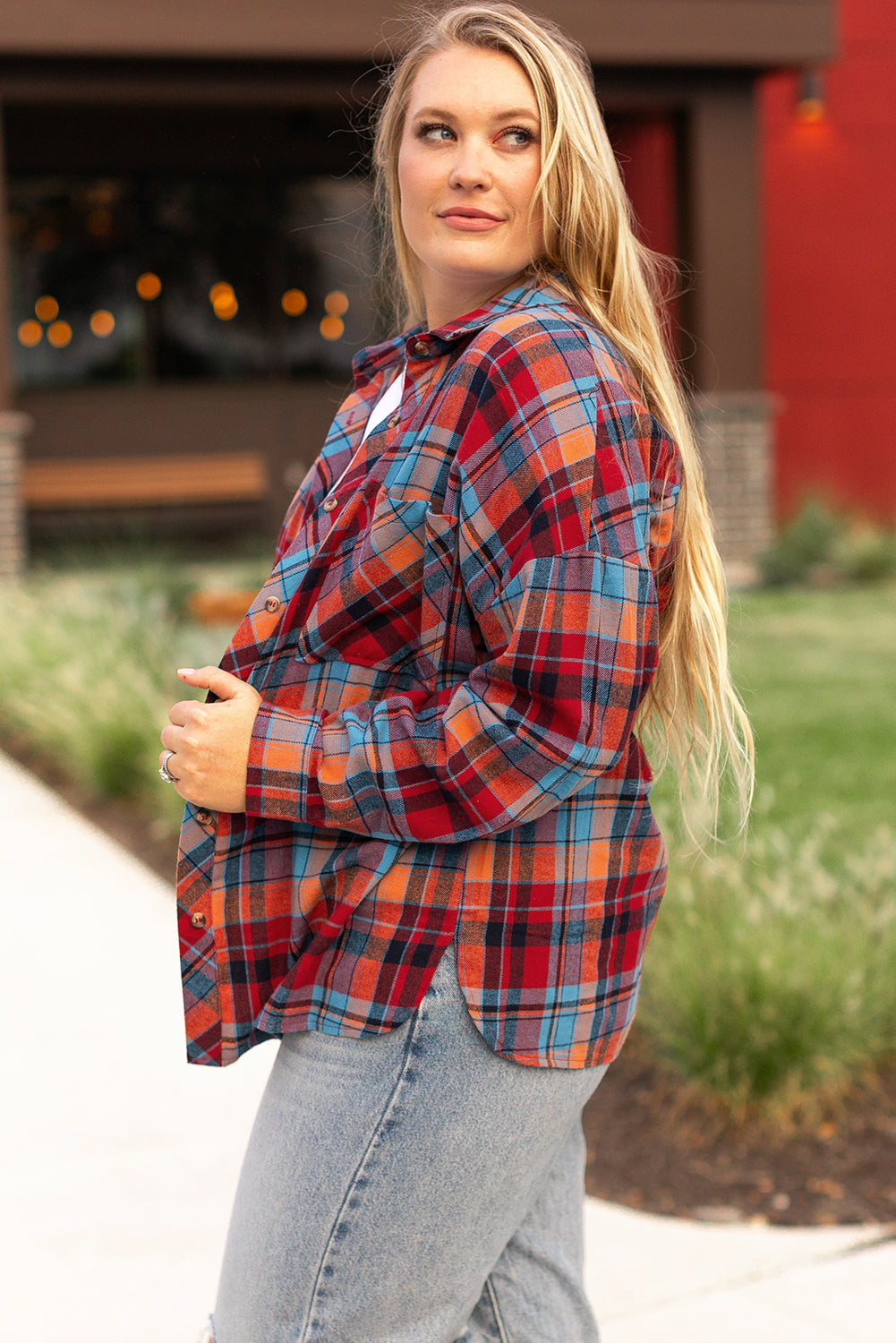 Orange Plus Size Plaid Print Buttoned Shirt