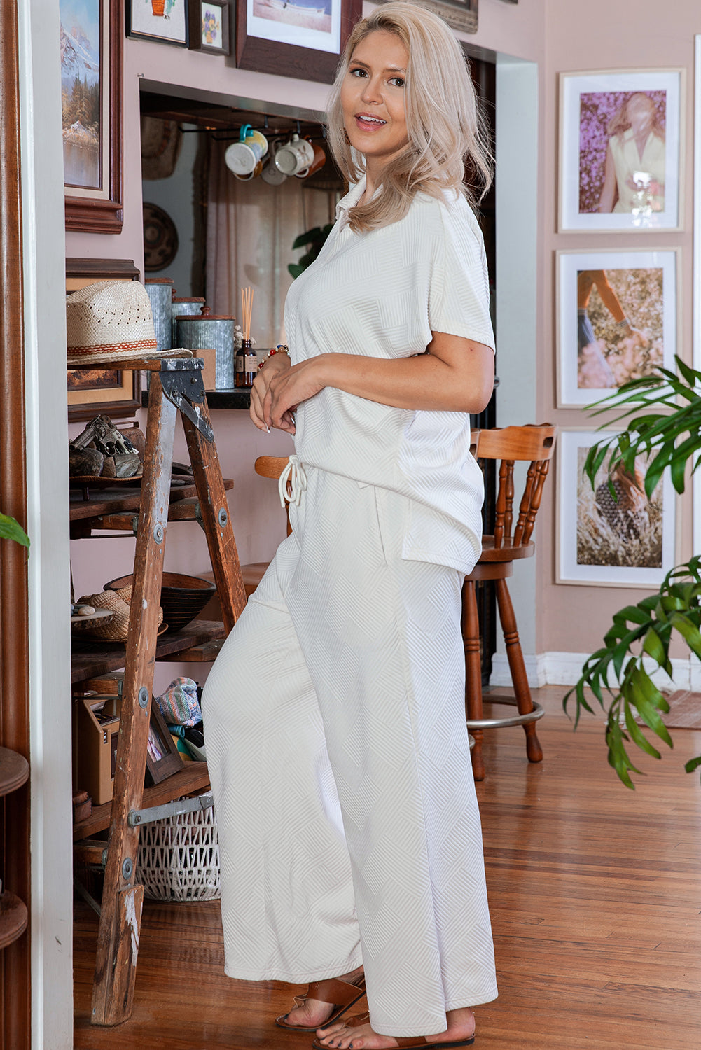 Beige Plus Size Textured Collared Top and Pants 2pc Outfit