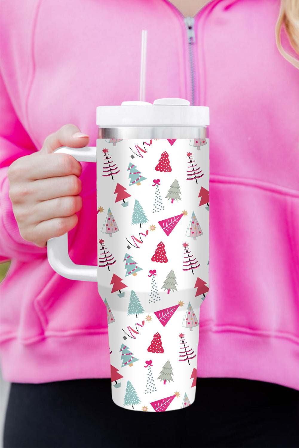 Rose Red Cartoon Christmas Tree Printed Thermos Cup 40oz