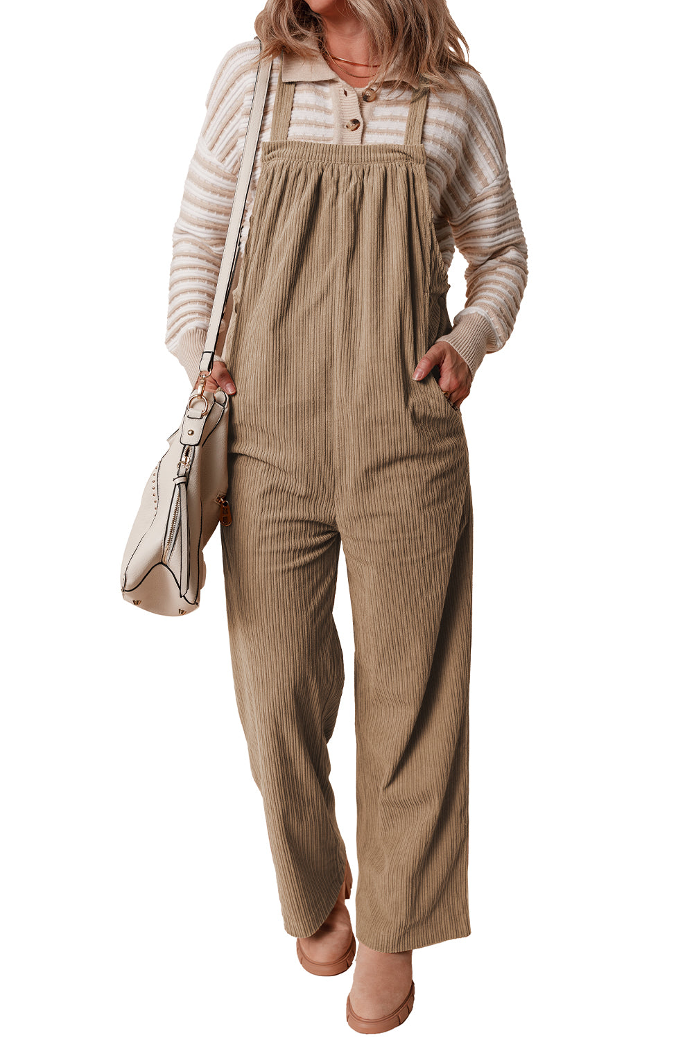 Gray Morn Solid Pocketed Loose Fit Corduroy Overall