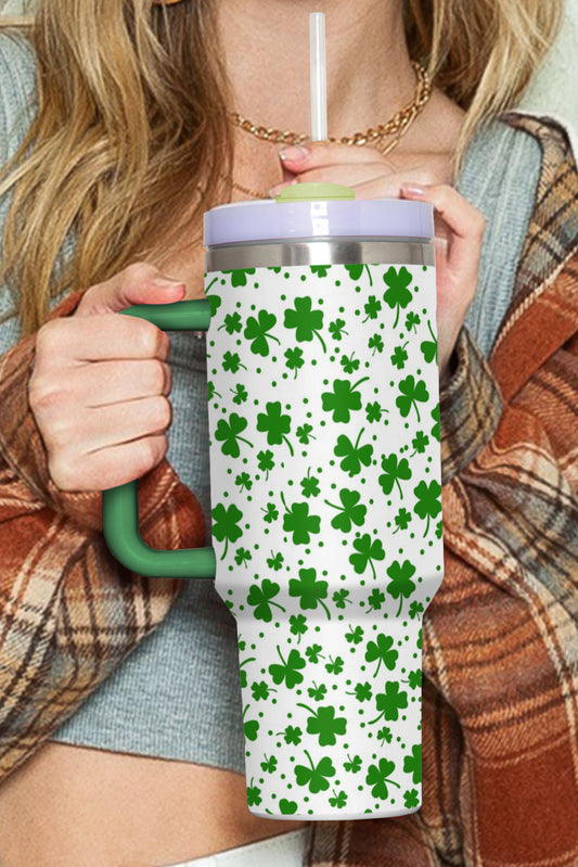 Dark Green St. Patrick’s Clover Print Thermos Cup with Handle 40oz