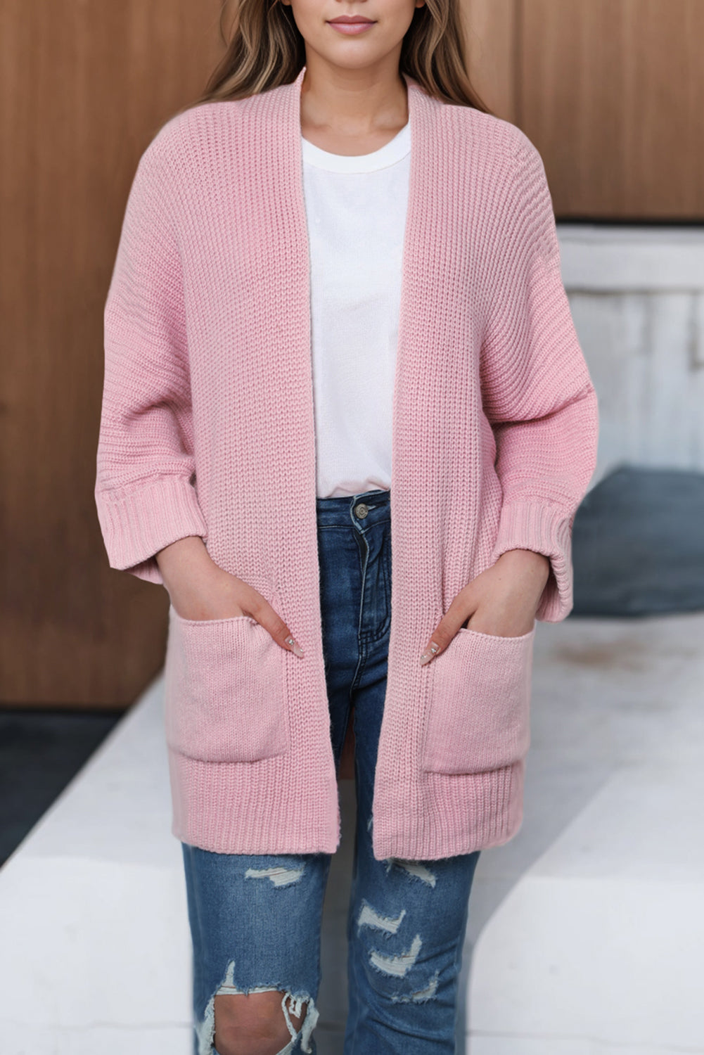 Apricot Oversized Fold Over Sleeve Open Front Cardigan