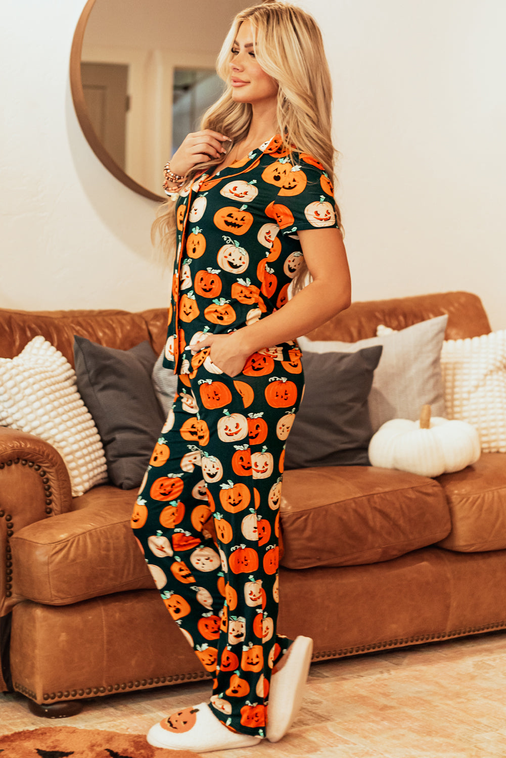 Black Halloween Pattern Short Sleeve Shirt Pajama Set