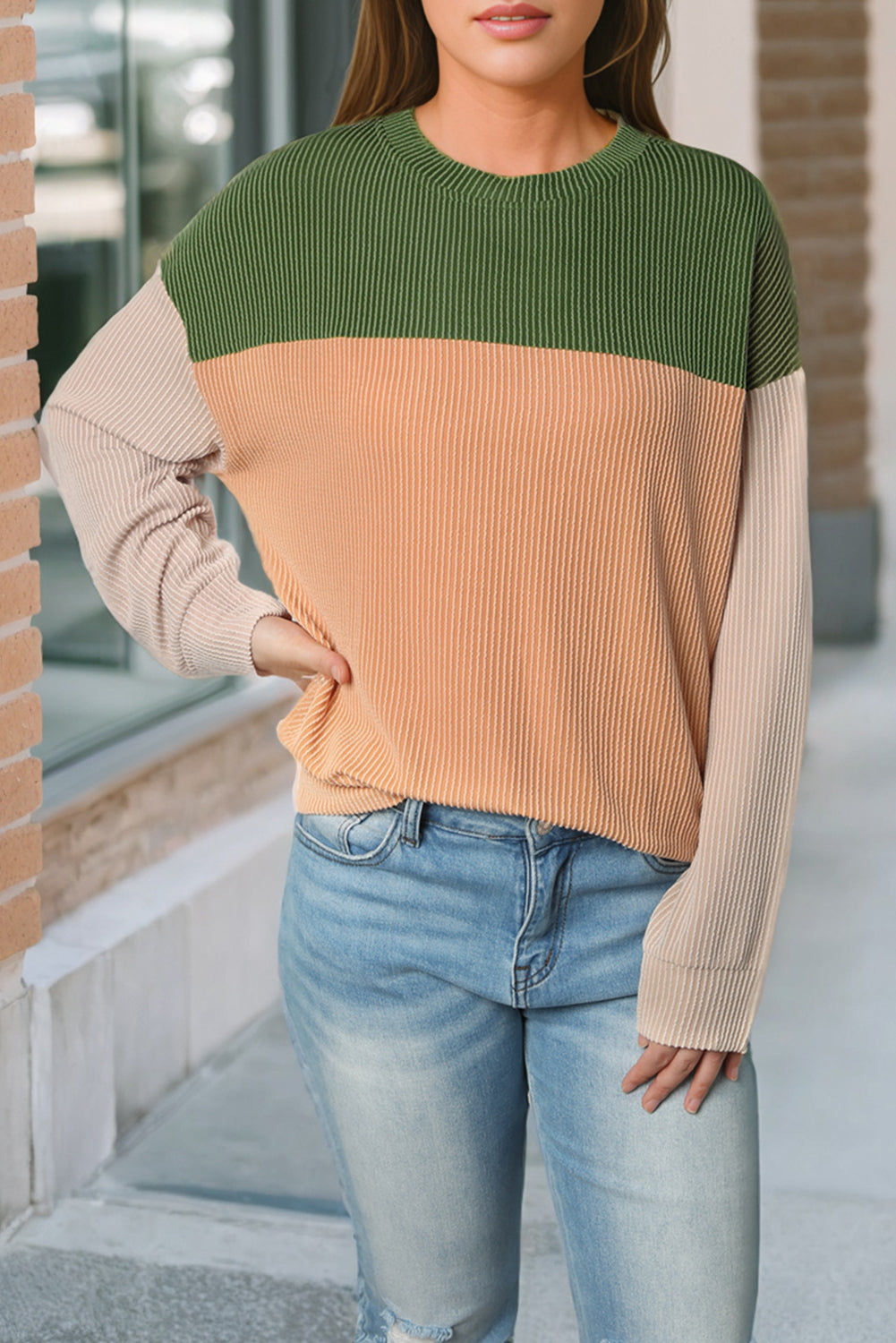 Pink Color Block Long Sleeve Ribbed Loose Top