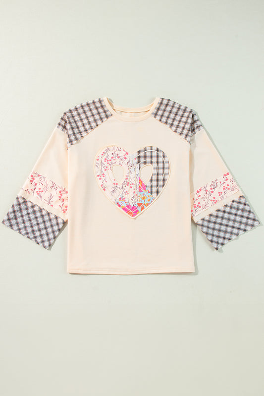 Clearly Aqua Plaid Floral Peace Heart Graphic Wide Long Sleeve Top