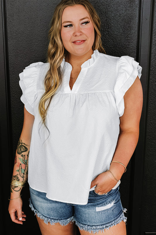 White Textured Ruffled Flutter Sleeve Plus Size Blouse