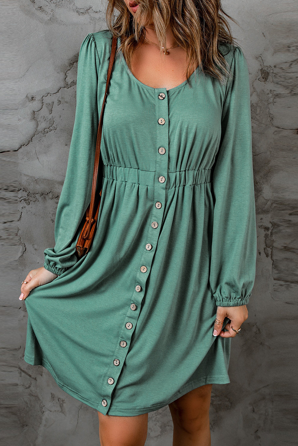 Black Button Up High Waist Long Sleeve Dress