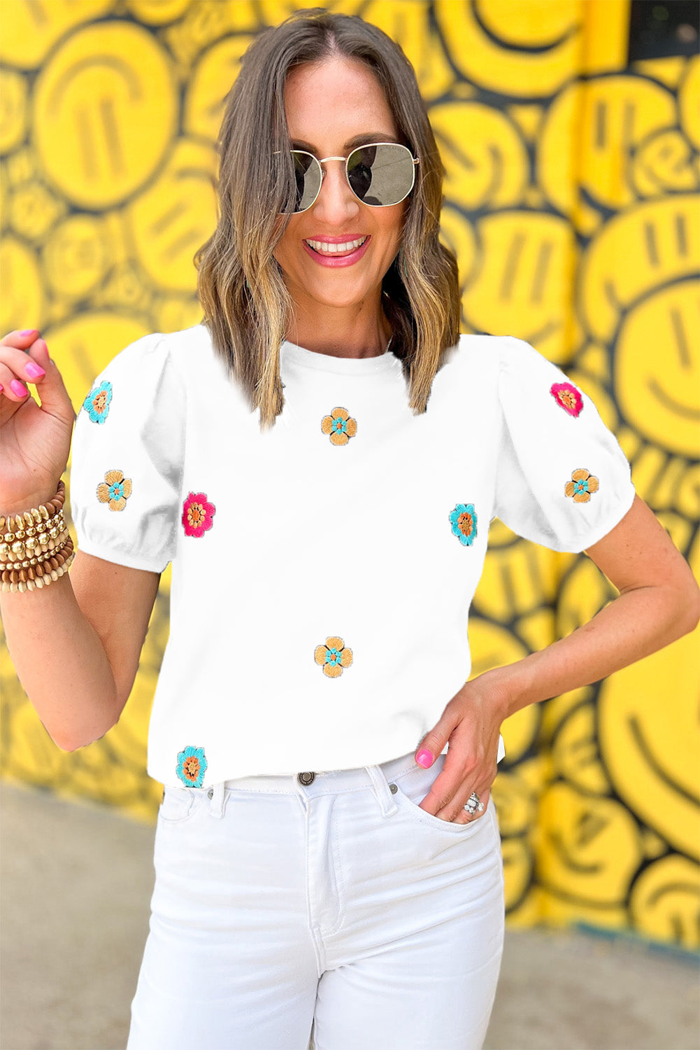 Black Embroidered Flower Short Puff Sleeve Tee