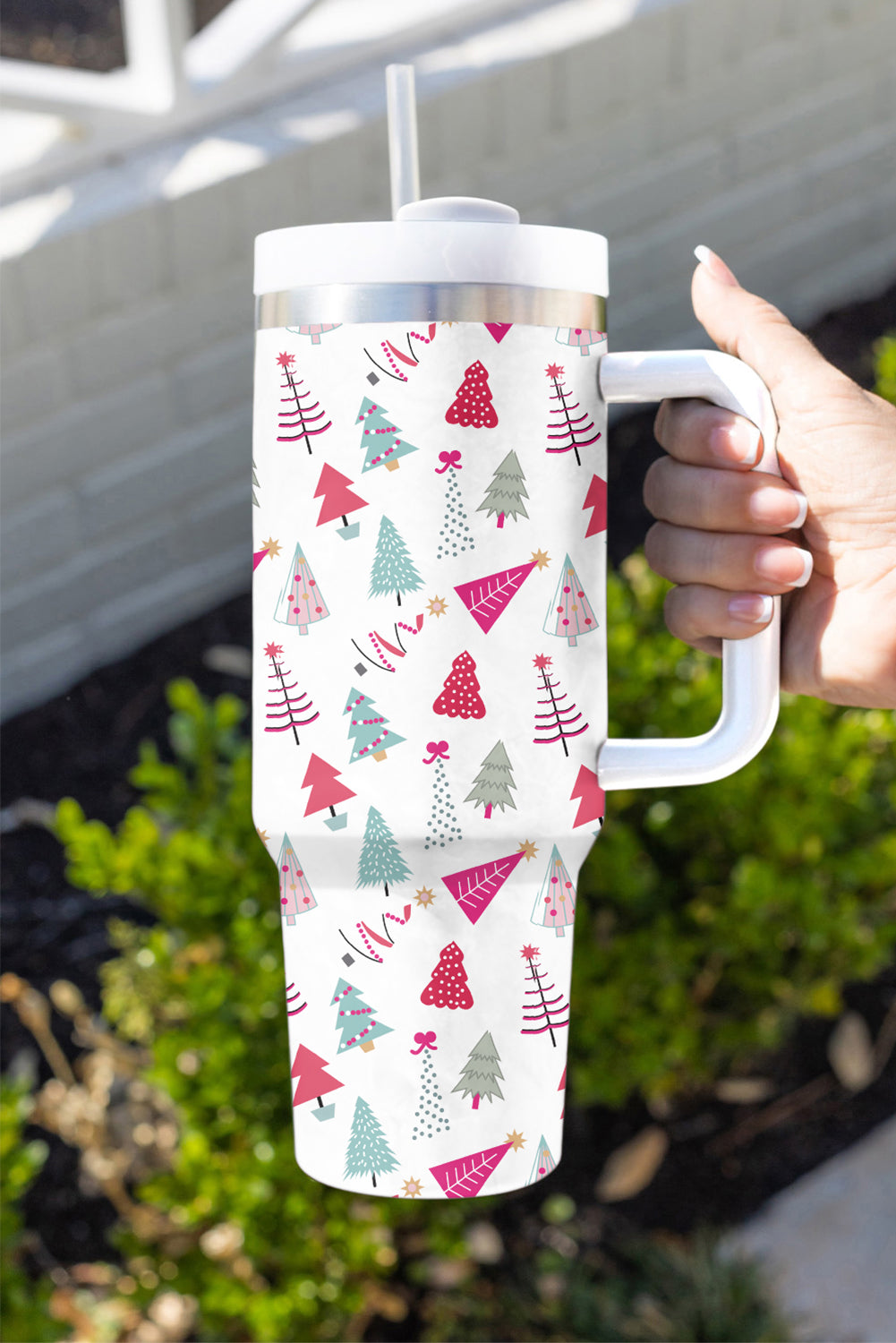 Rose Red Cartoon Christmas Tree Printed Thermos Cup 40oz