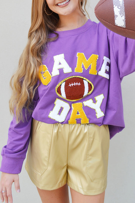 Tillandsia Purple GAME DAY Rugby Chenille Embroidered Pullover Sweatshirt