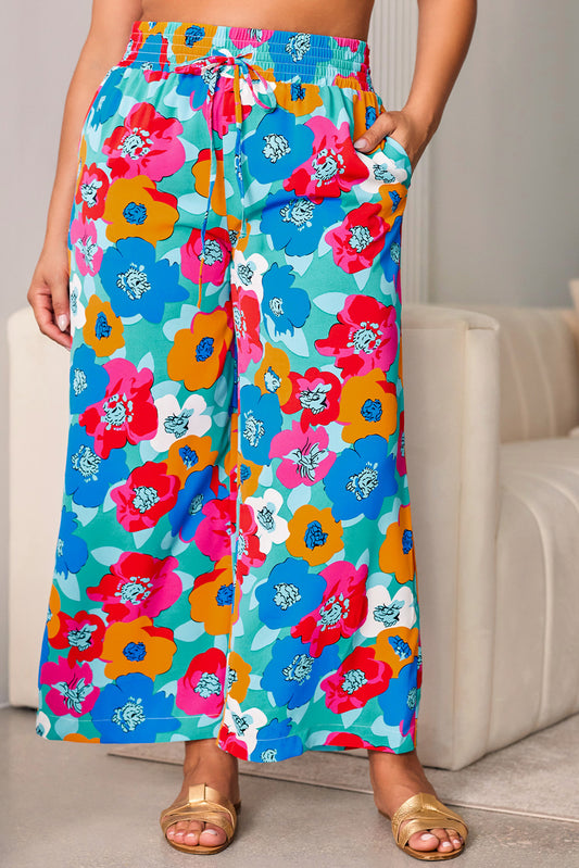 Multicolor Plus Size Abstract Floral Print Wide Leg Pants