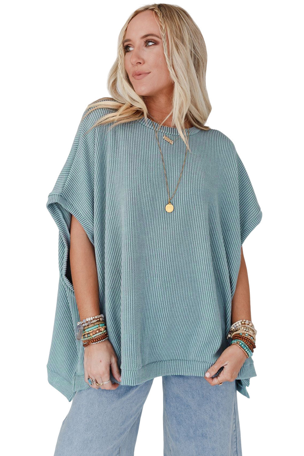 Apricot Ribbed Knit Batwing Sleeve Tunic Oversized T Shirt