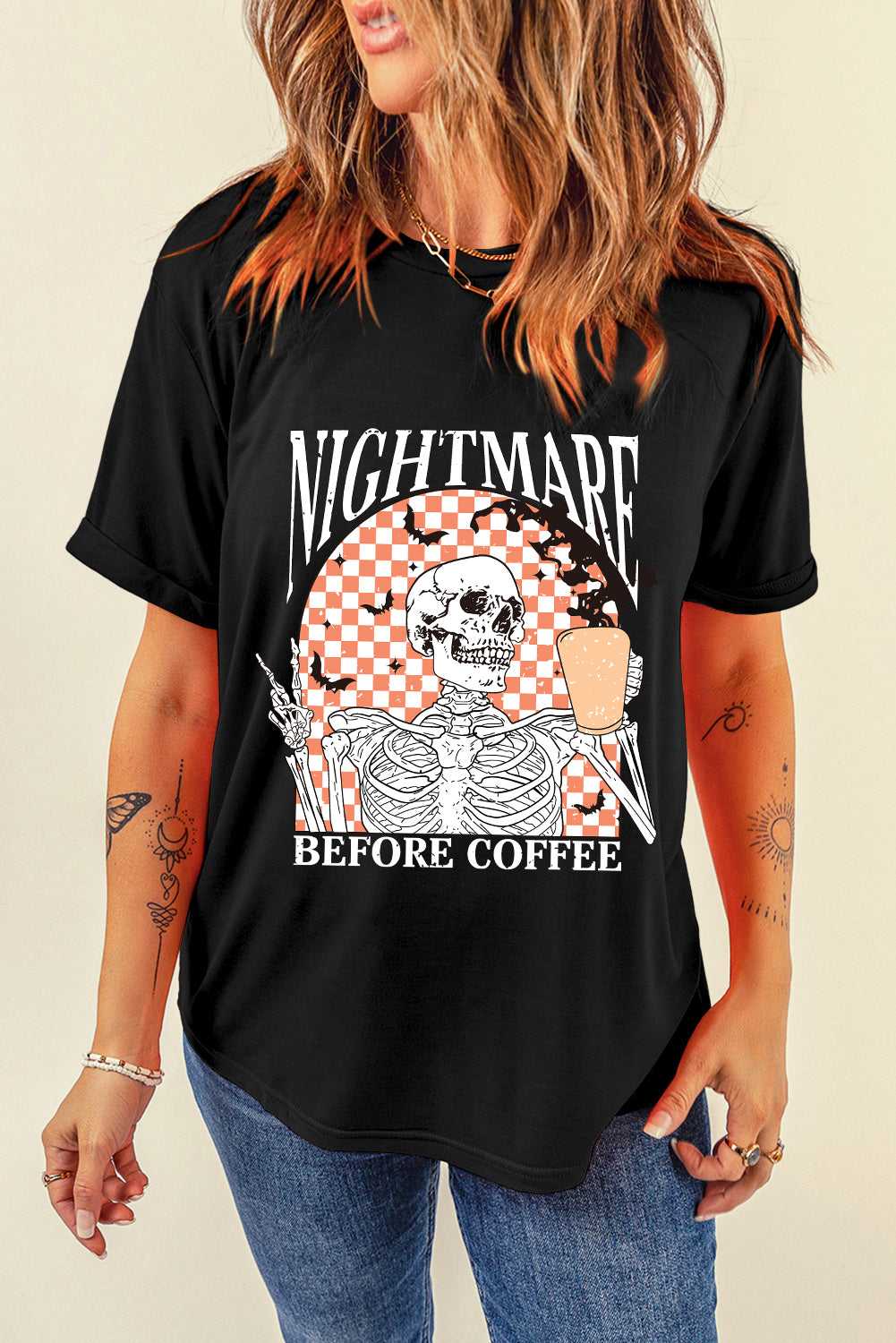 Black Nightmare Before Coffee Skull Checkerboard Graphic Halloween Tee