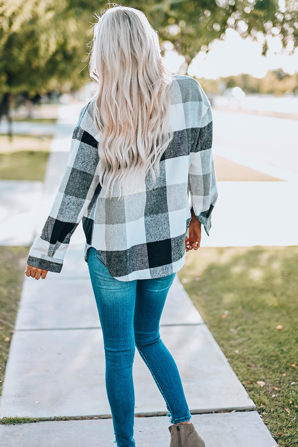 Plaid Color Block Buttoned Long Sleeve Jacket with Pocket