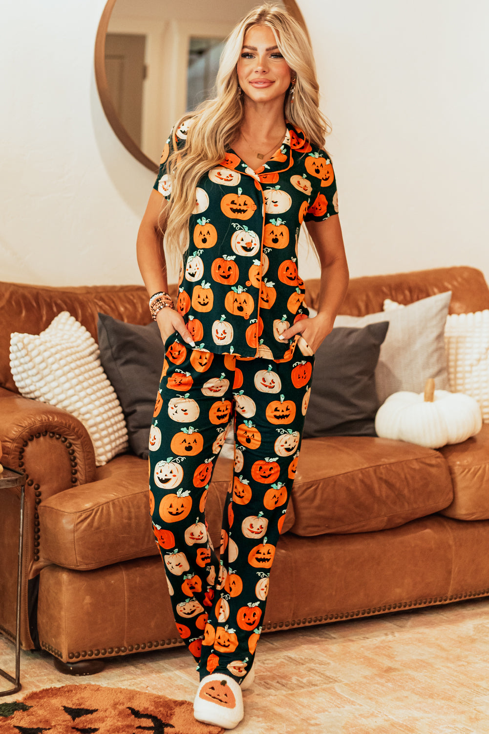 Black Halloween Pattern Short Sleeve Shirt Pajama Set