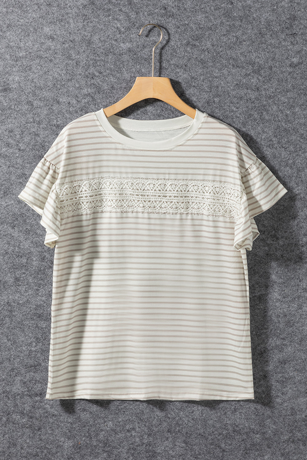 Light Grey Striped Lace Splicing Ruffle Sleeve T-shirt