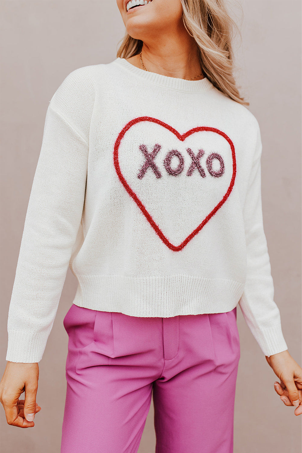 Rose Heart XOXO Pattern Drop Shoulder Rib Knit Sweater