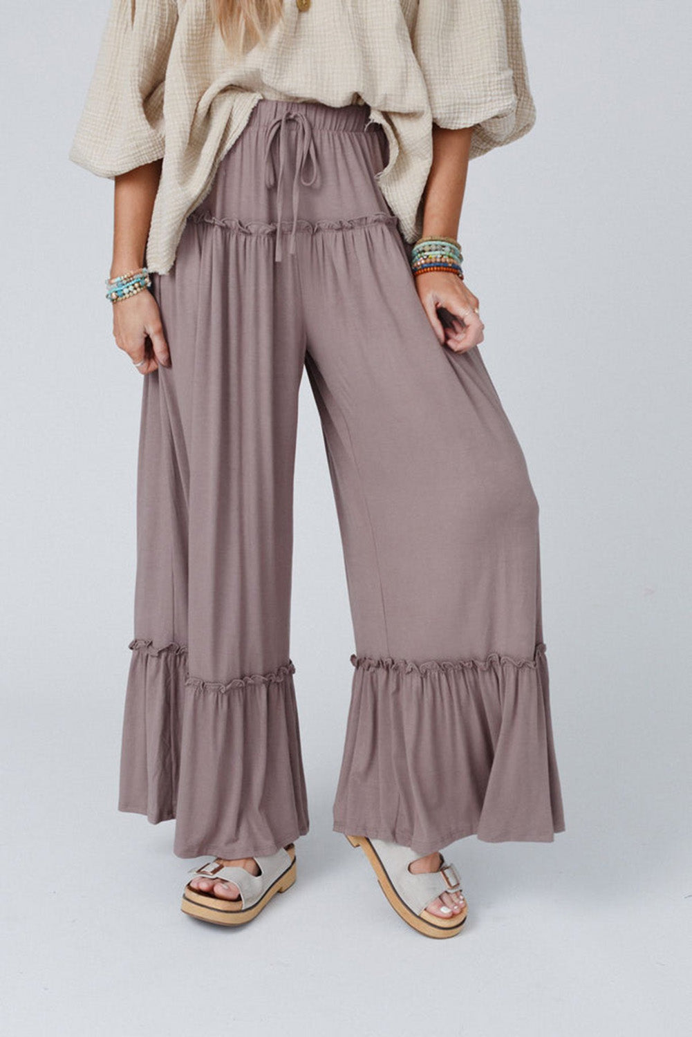 Black Frilled Drawstring High Waist Wide Leg Pants