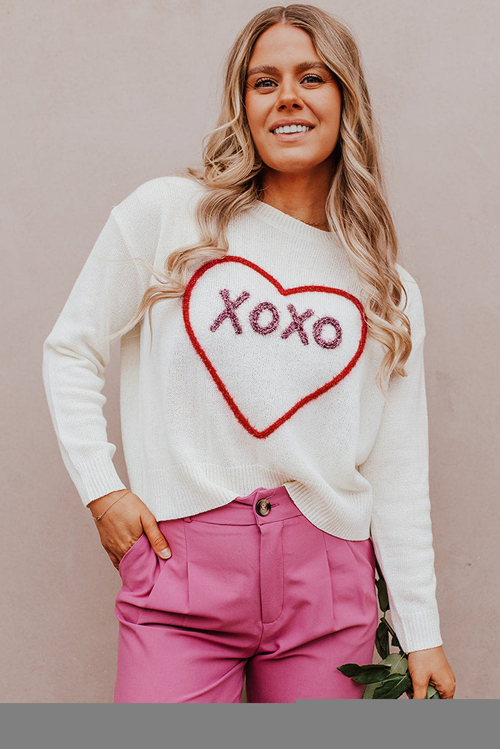 Rose Heart XOXO Pattern Drop Shoulder Rib Knit Sweater