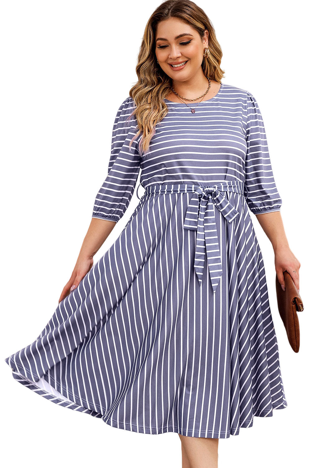 Gray Striped Tie Waist 3/4 Sleeve Plus Size Dress