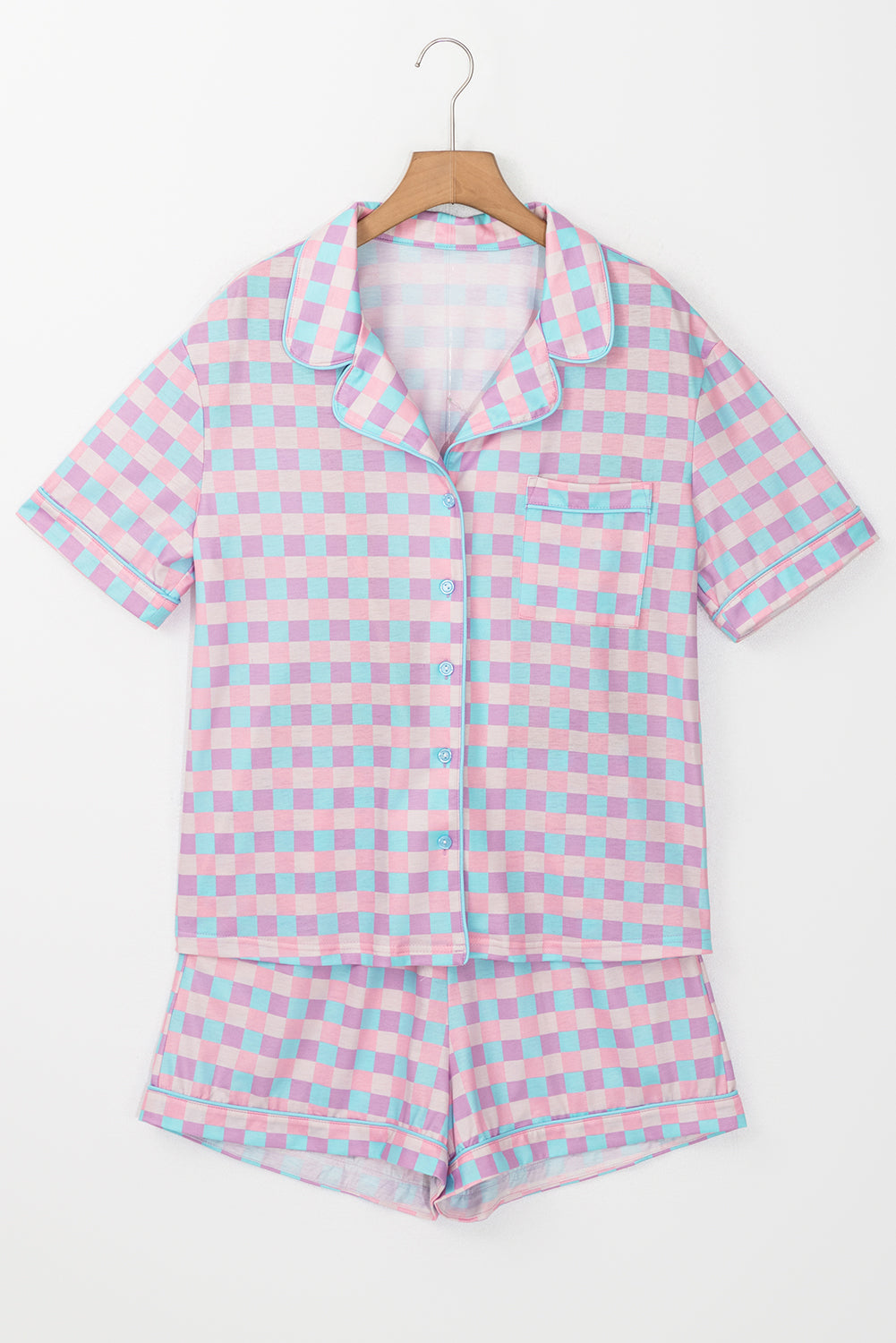 Purple Checkered Pattern Short Sleeve Pajamas Set