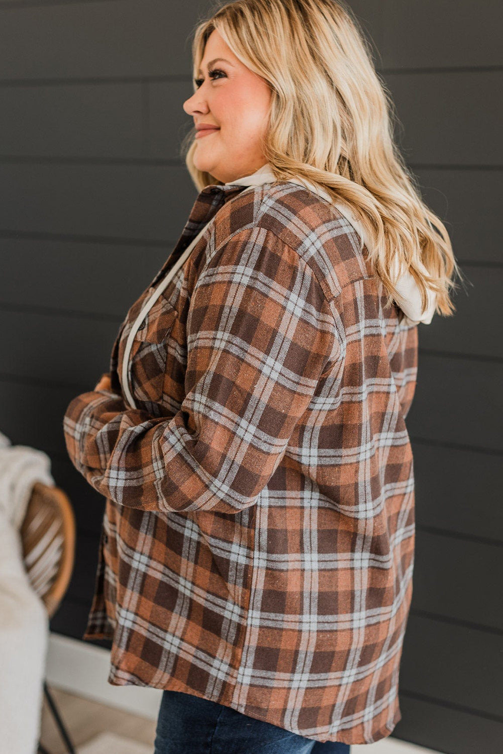 Brown Plus Size Plaid Contrast Button up Hooded Jacket