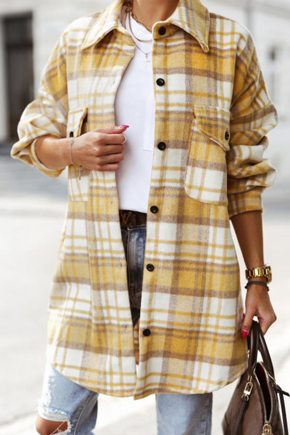 Plaid Flap Pocket Long Sleeve Shacket