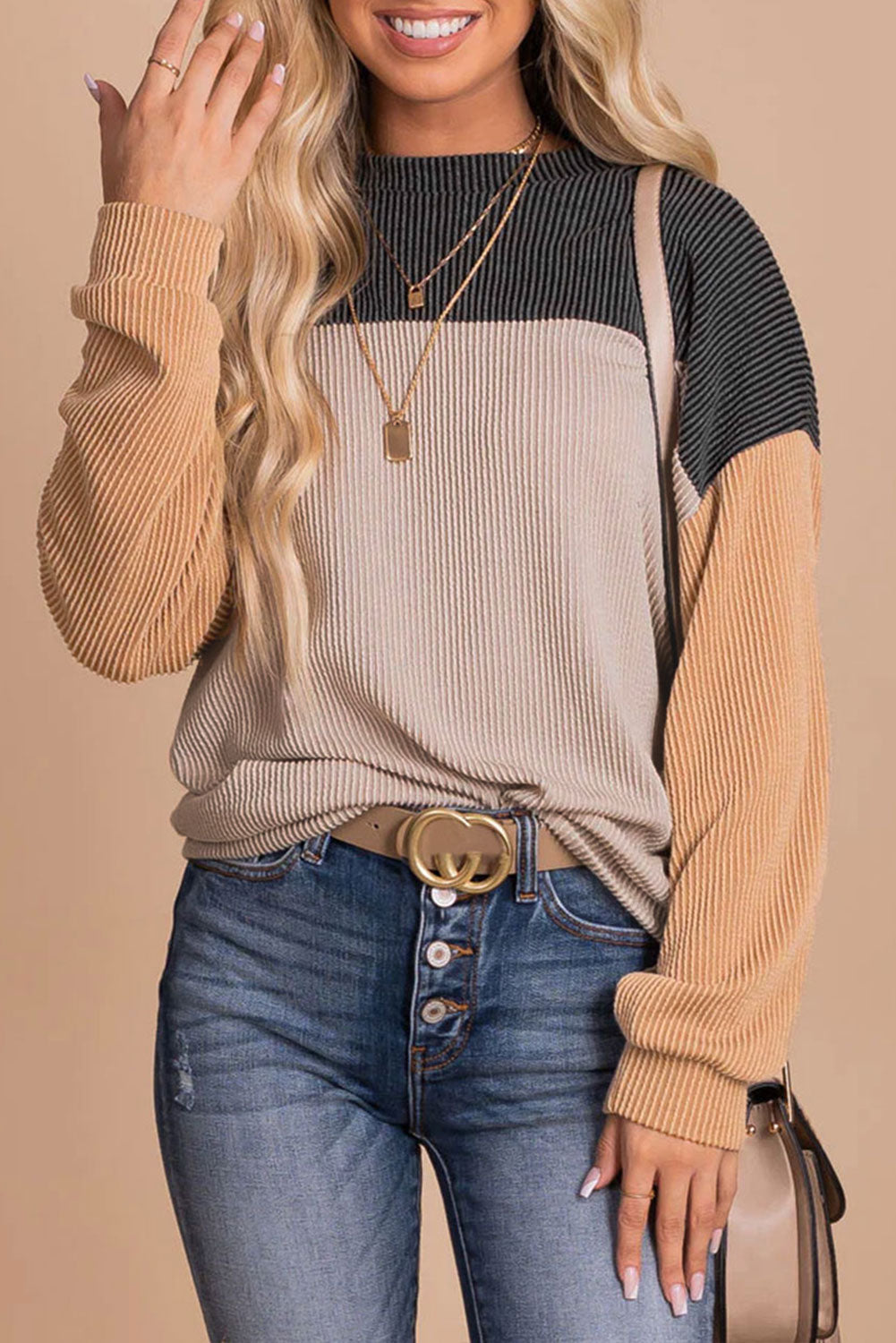 Pink Color Block Long Sleeve Ribbed Loose Top