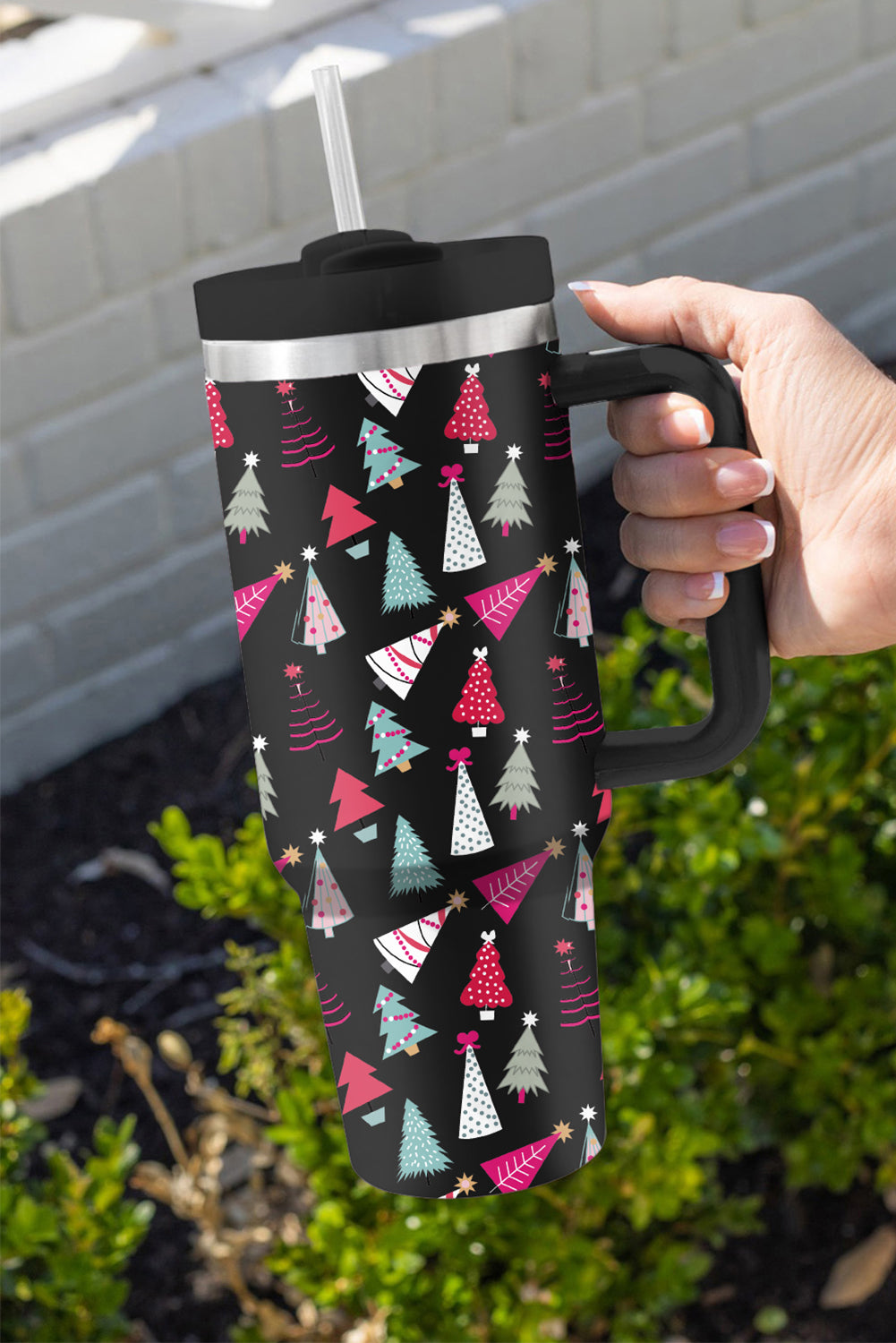 Rose Red Cartoon Christmas Tree Printed Thermos Cup 40oz