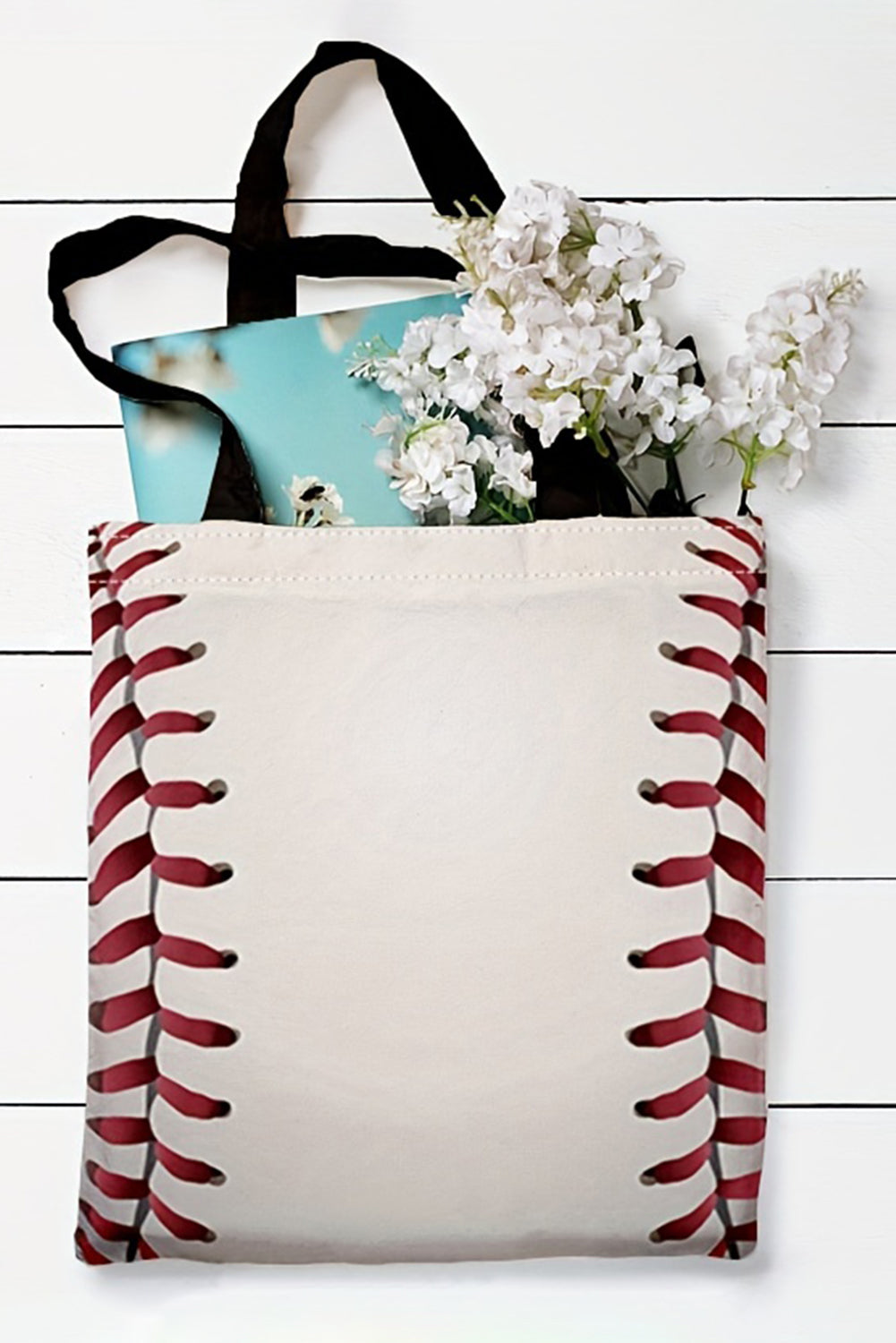 White Baseball Print Canvas Tote Bag