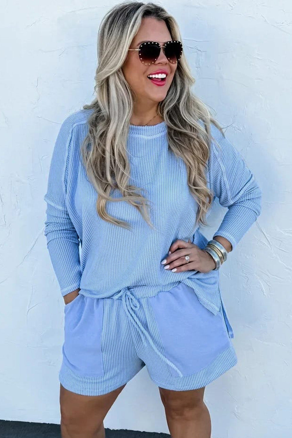 Light Blue Plus Size Ribbed Long Sleeve Top and Drawstring Shorts 2pcs Outfit