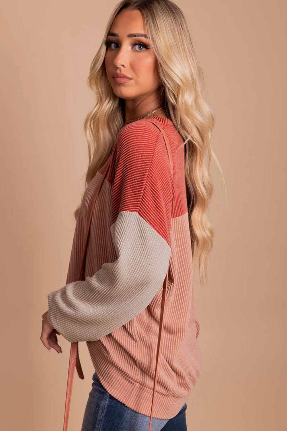 Pink Color Block Long Sleeve Ribbed Loose Top