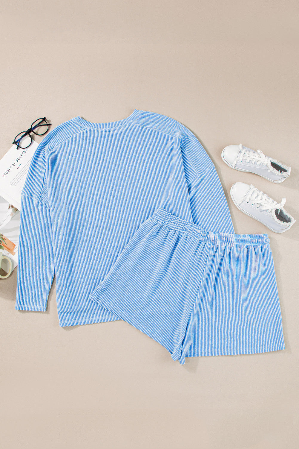 Light Blue Plus Size Ribbed Long Sleeve Top and Drawstring Shorts 2pcs Outfit