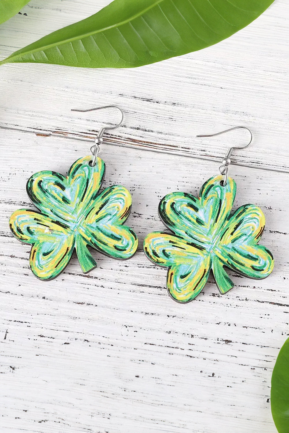 Light Green St. Patrick’s Painted Shamrock Shape Drop Earrings