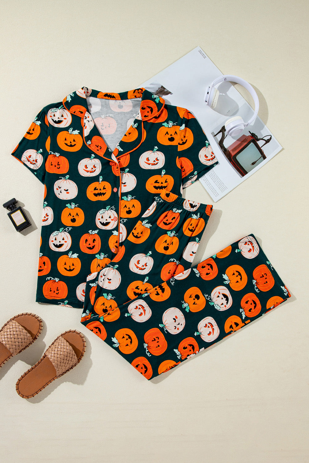 Black Halloween Pattern Short Sleeve Shirt Pajama Set