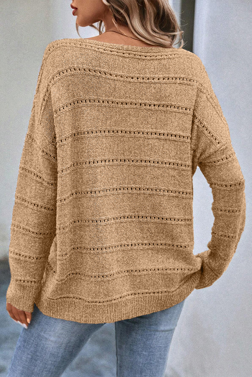 Light Grey Boat Neck Drop Shoulder Pointelle Knit Sweater