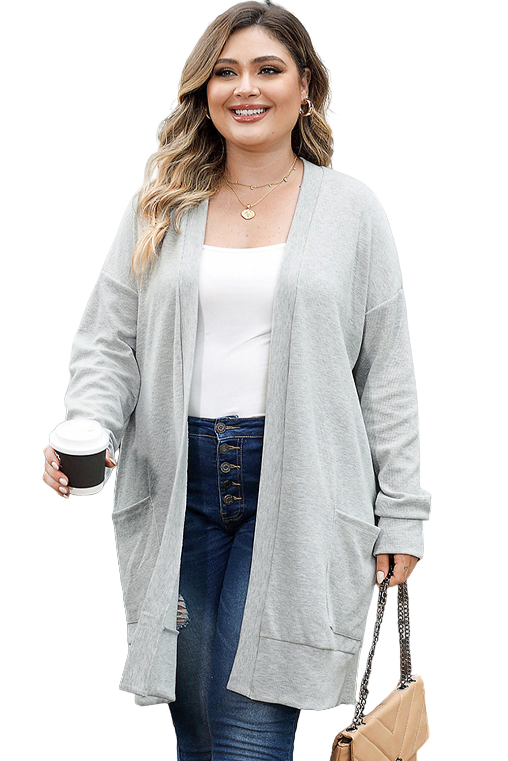 Thermal Knit Pocketed Plus Size Cardigan