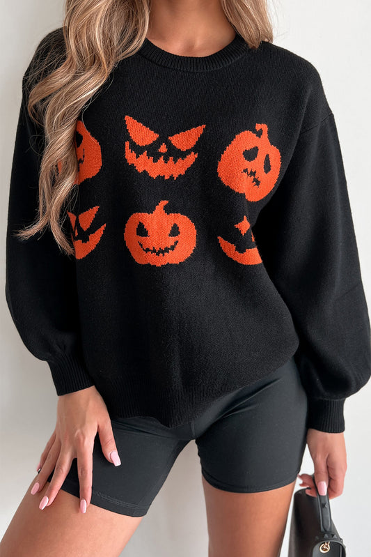 Black Halloween Pumpkin Face Pattern Drop Shoulder Sweater